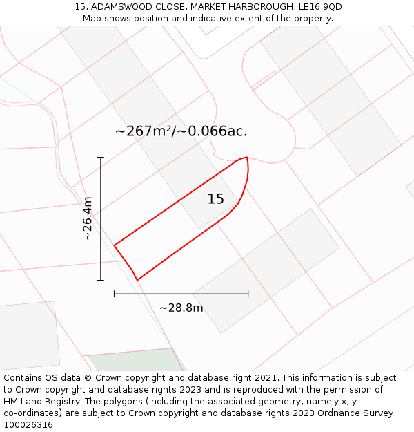 15, ADAMSWOOD CLOSE, MARKET HARBOROUGH, LE16 9QD: Plot and title map