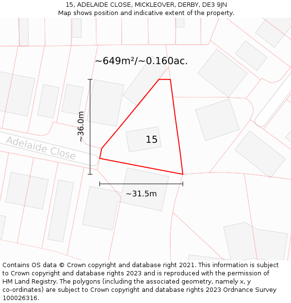 15, ADELAIDE CLOSE, MICKLEOVER, DERBY, DE3 9JN: Plot and title map