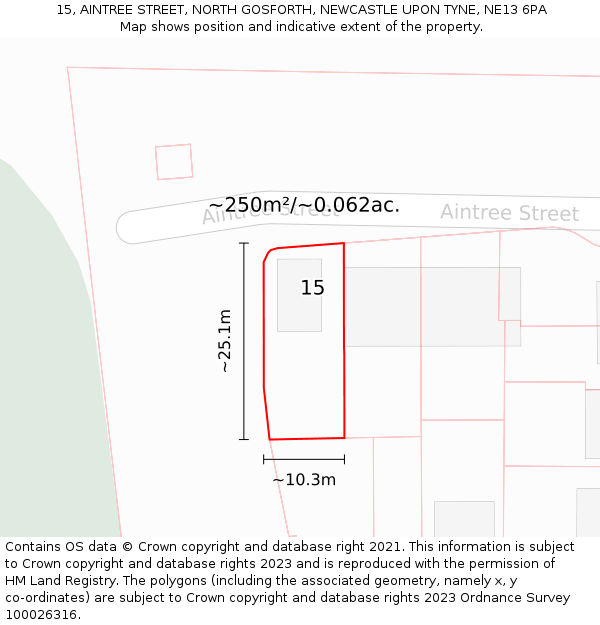 15, AINTREE STREET, NORTH GOSFORTH, NEWCASTLE UPON TYNE, NE13 6PA: Plot and title map