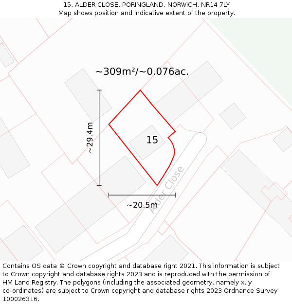 15, ALDER CLOSE, PORINGLAND, NORWICH, NR14 7LY: Plot and title map