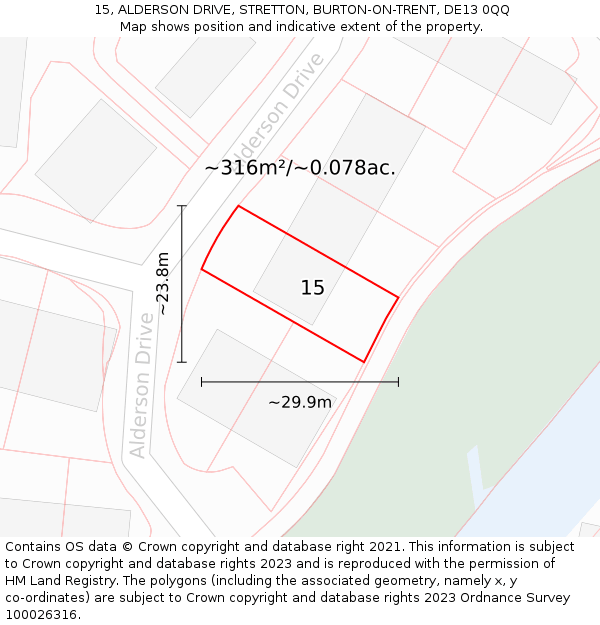 15, ALDERSON DRIVE, STRETTON, BURTON-ON-TRENT, DE13 0QQ: Plot and title map