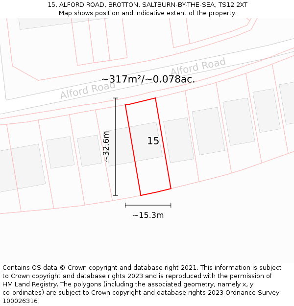 15, ALFORD ROAD, BROTTON, SALTBURN-BY-THE-SEA, TS12 2XT: Plot and title map