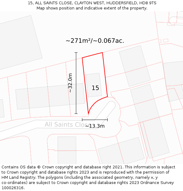 15, ALL SAINTS CLOSE, CLAYTON WEST, HUDDERSFIELD, HD8 9TS: Plot and title map