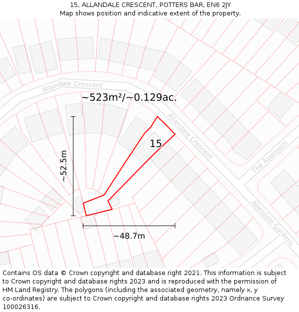 15, ALLANDALE CRESCENT, POTTERS BAR, EN6 2JY: Plot and title map