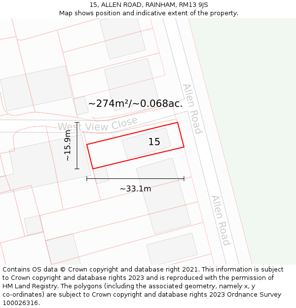 15, ALLEN ROAD, RAINHAM, RM13 9JS: Plot and title map