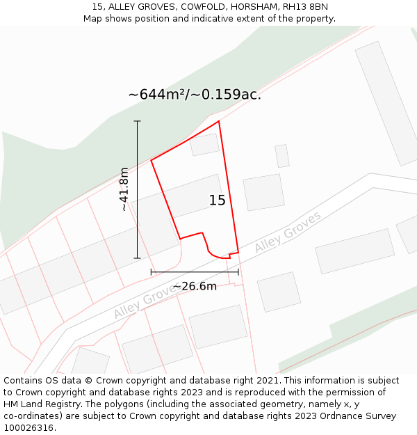 15, ALLEY GROVES, COWFOLD, HORSHAM, RH13 8BN: Plot and title map