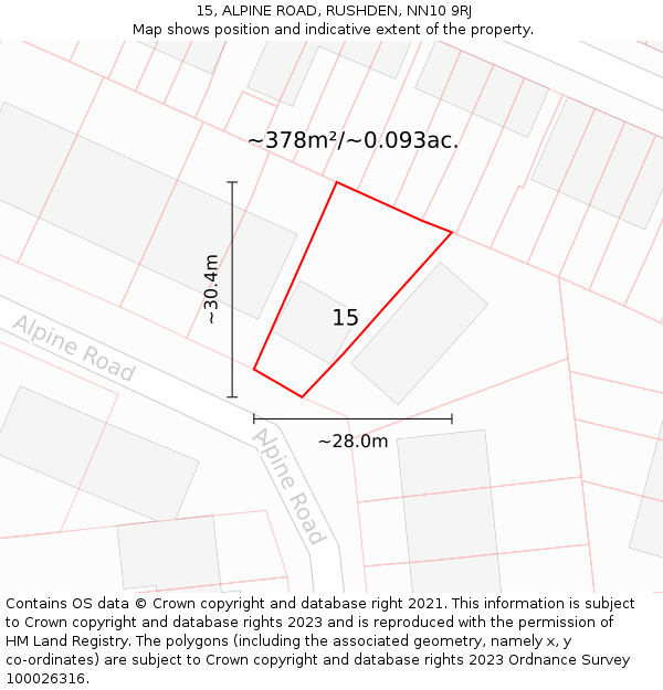 15, ALPINE ROAD, RUSHDEN, NN10 9RJ: Plot and title map