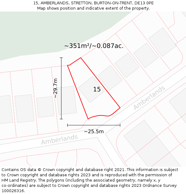 15, AMBERLANDS, STRETTON, BURTON-ON-TRENT, DE13 0PE: Plot and title map