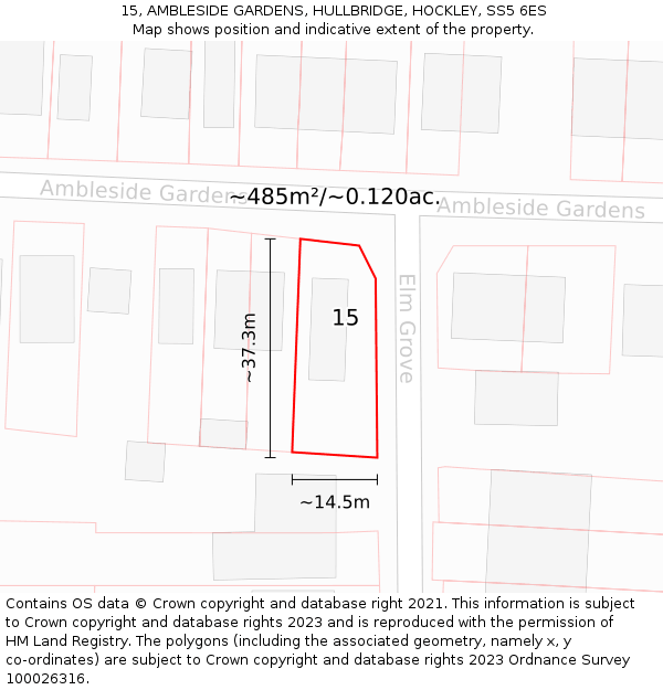 15, AMBLESIDE GARDENS, HULLBRIDGE, HOCKLEY, SS5 6ES: Plot and title map