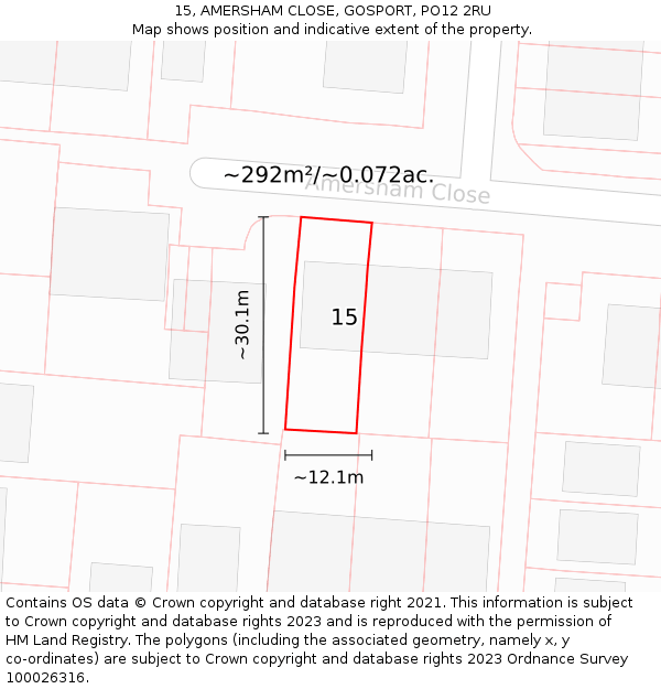15, AMERSHAM CLOSE, GOSPORT, PO12 2RU: Plot and title map