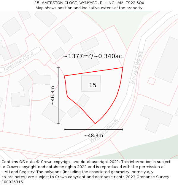 15, AMERSTON CLOSE, WYNYARD, BILLINGHAM, TS22 5QX: Plot and title map