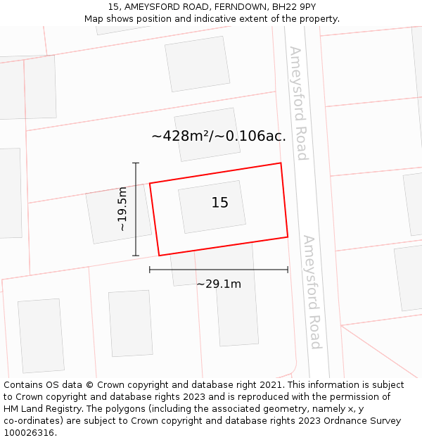 15, AMEYSFORD ROAD, FERNDOWN, BH22 9PY: Plot and title map