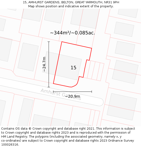 15, AMHURST GARDENS, BELTON, GREAT YARMOUTH, NR31 9PH: Plot and title map