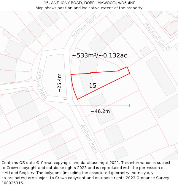 15, ANTHONY ROAD, BOREHAMWOOD, WD6 4NF: Plot and title map