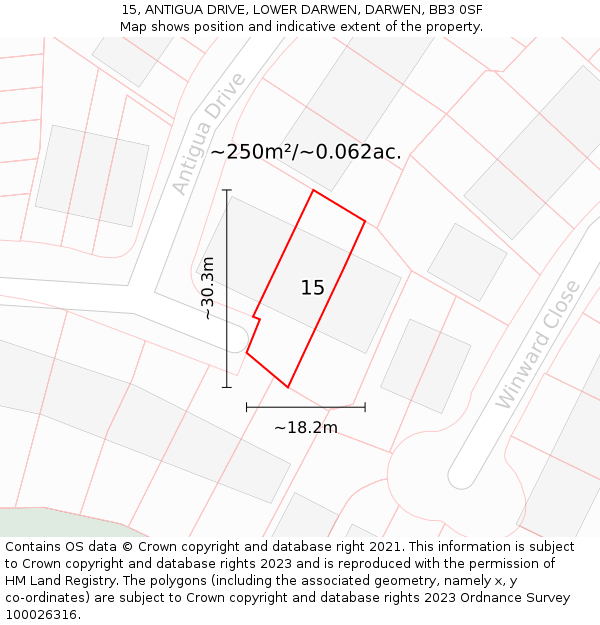 15, ANTIGUA DRIVE, LOWER DARWEN, DARWEN, BB3 0SF: Plot and title map