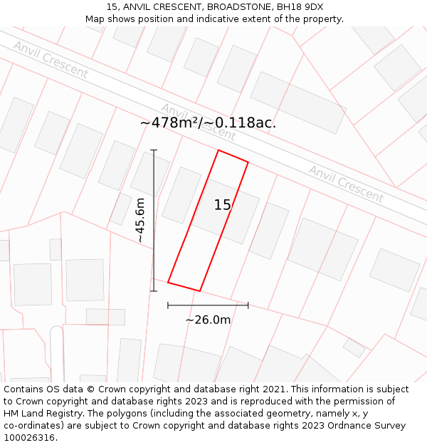 15, ANVIL CRESCENT, BROADSTONE, BH18 9DX: Plot and title map