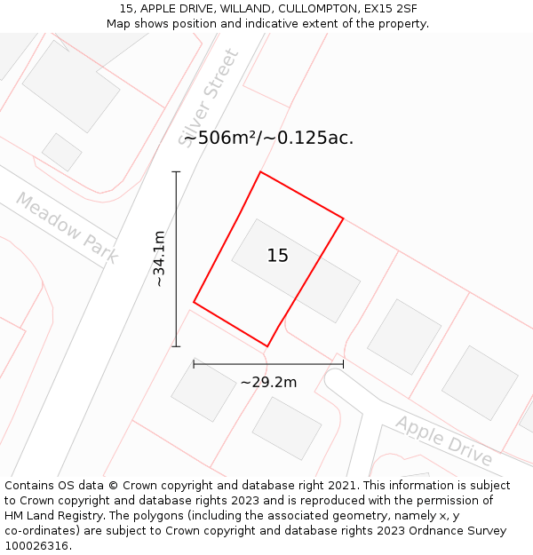 15, APPLE DRIVE, WILLAND, CULLOMPTON, EX15 2SF: Plot and title map