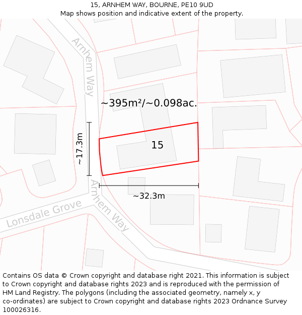 15, ARNHEM WAY, BOURNE, PE10 9UD: Plot and title map