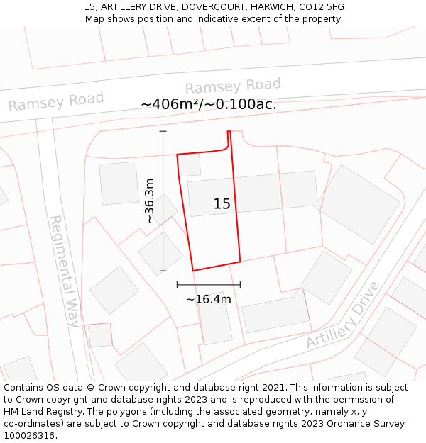 15, ARTILLERY DRIVE, DOVERCOURT, HARWICH, CO12 5FG: Plot and title map