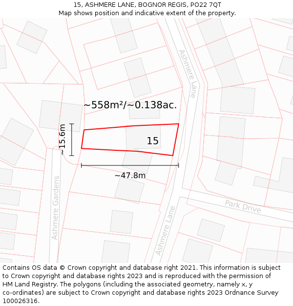 15, ASHMERE LANE, BOGNOR REGIS, PO22 7QT: Plot and title map