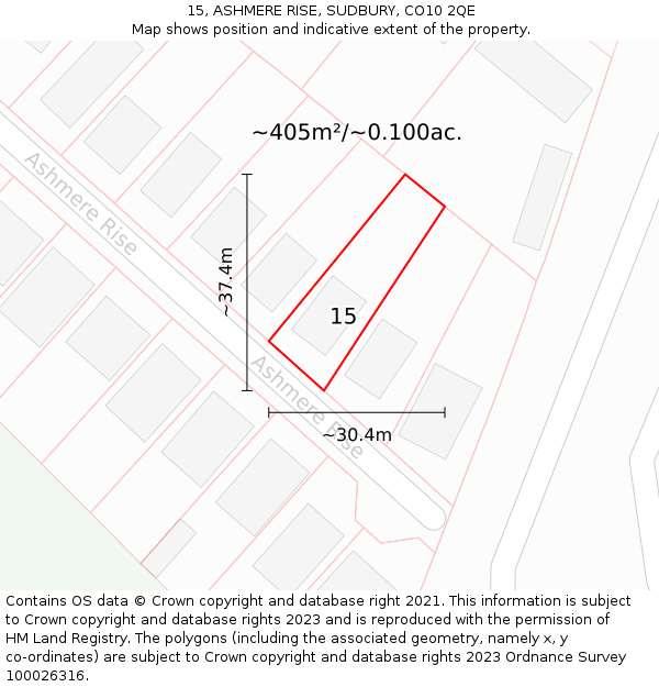 15, ASHMERE RISE, SUDBURY, CO10 2QE: Plot and title map