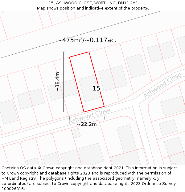 15, ASHWOOD CLOSE, WORTHING, BN11 2AF: Plot and title map