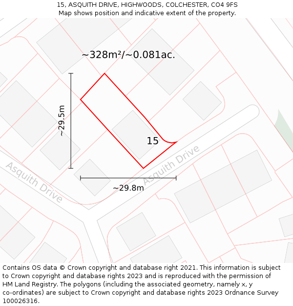 15, ASQUITH DRIVE, HIGHWOODS, COLCHESTER, CO4 9FS: Plot and title map