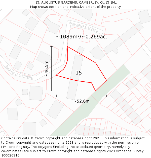 15, AUGUSTUS GARDENS, CAMBERLEY, GU15 1HL: Plot and title map