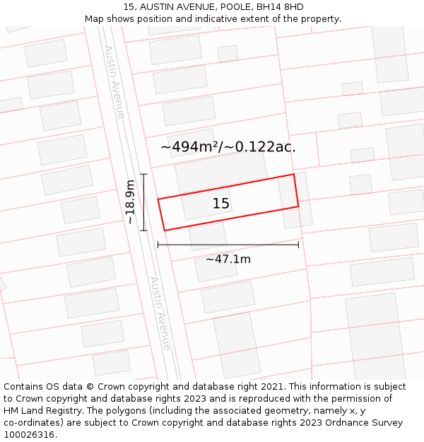 15, AUSTIN AVENUE, POOLE, BH14 8HD: Plot and title map