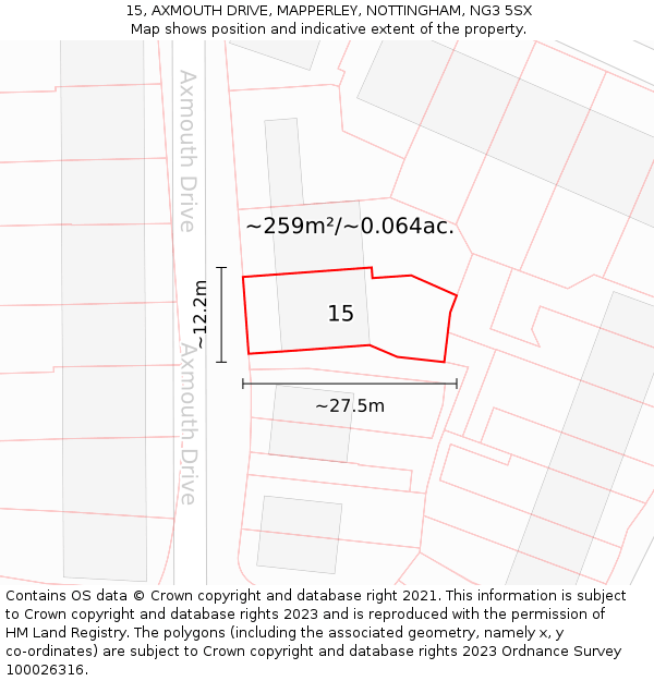 15, AXMOUTH DRIVE, MAPPERLEY, NOTTINGHAM, NG3 5SX: Plot and title map