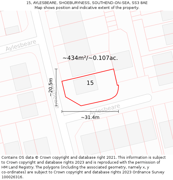 15, AYLESBEARE, SHOEBURYNESS, SOUTHEND-ON-SEA, SS3 8AE: Plot and title map