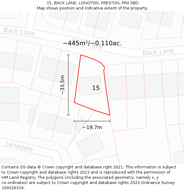 15, BACK LANE, LONGTON, PRESTON, PR4 5BD: Plot and title map