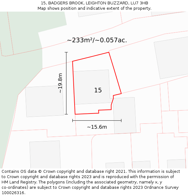 15, BADGERS BROOK, LEIGHTON BUZZARD, LU7 3HB: Plot and title map