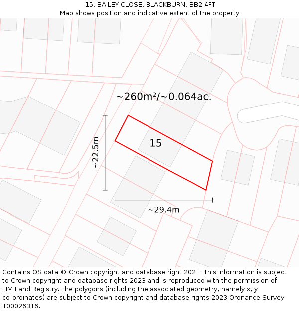 15, BAILEY CLOSE, BLACKBURN, BB2 4FT: Plot and title map