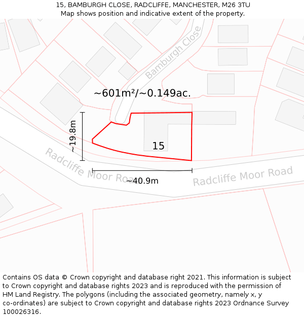 15, BAMBURGH CLOSE, RADCLIFFE, MANCHESTER, M26 3TU: Plot and title map