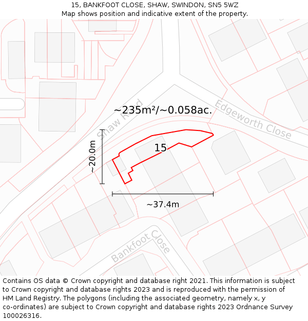 15, BANKFOOT CLOSE, SHAW, SWINDON, SN5 5WZ: Plot and title map