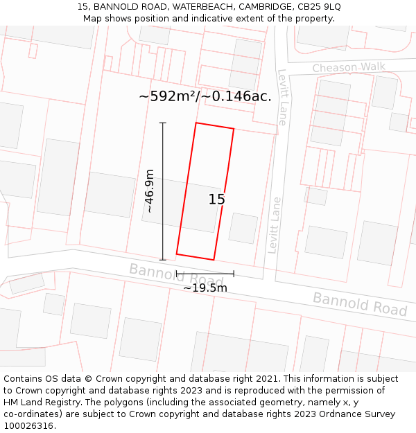 15, BANNOLD ROAD, WATERBEACH, CAMBRIDGE, CB25 9LQ: Plot and title map