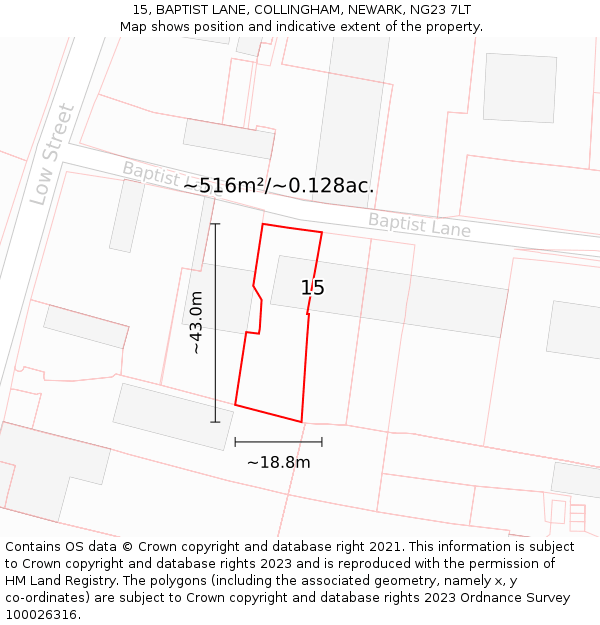 15, BAPTIST LANE, COLLINGHAM, NEWARK, NG23 7LT: Plot and title map