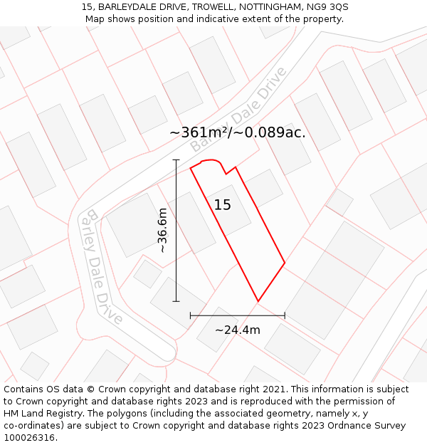 15, BARLEYDALE DRIVE, TROWELL, NOTTINGHAM, NG9 3QS: Plot and title map