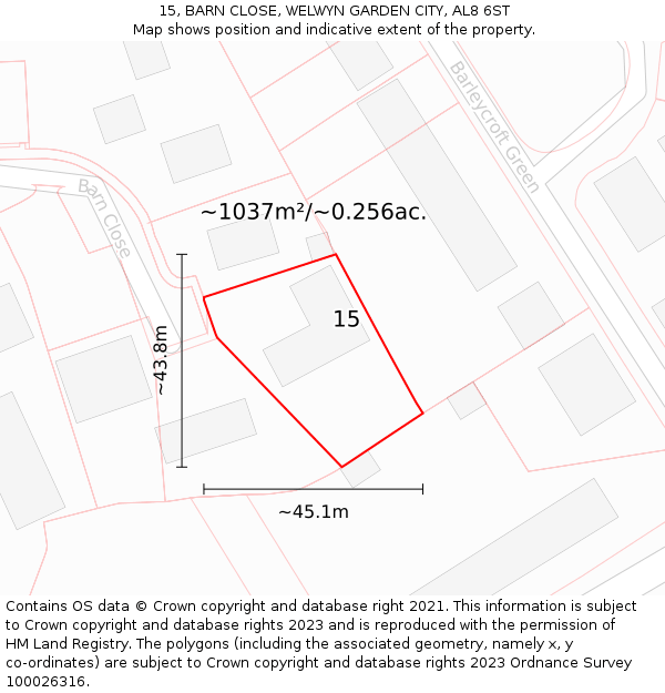 15, BARN CLOSE, WELWYN GARDEN CITY, AL8 6ST: Plot and title map