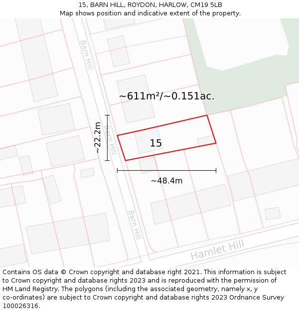 15, BARN HILL, ROYDON, HARLOW, CM19 5LB: Plot and title map