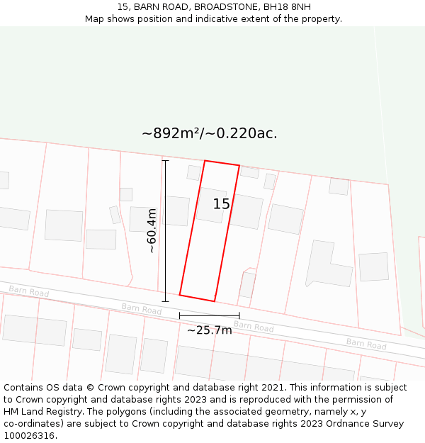 15, BARN ROAD, BROADSTONE, BH18 8NH: Plot and title map