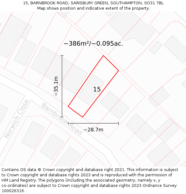 15, BARNBROOK ROAD, SARISBURY GREEN, SOUTHAMPTON, SO31 7BL: Plot and title map