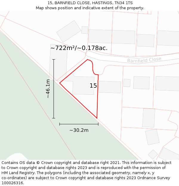 15, BARNFIELD CLOSE, HASTINGS, TN34 1TS: Plot and title map