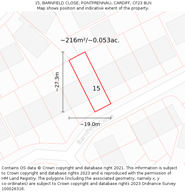 15, BARNFIELD CLOSE, PONTPRENNAU, CARDIFF, CF23 8LN: Plot and title map