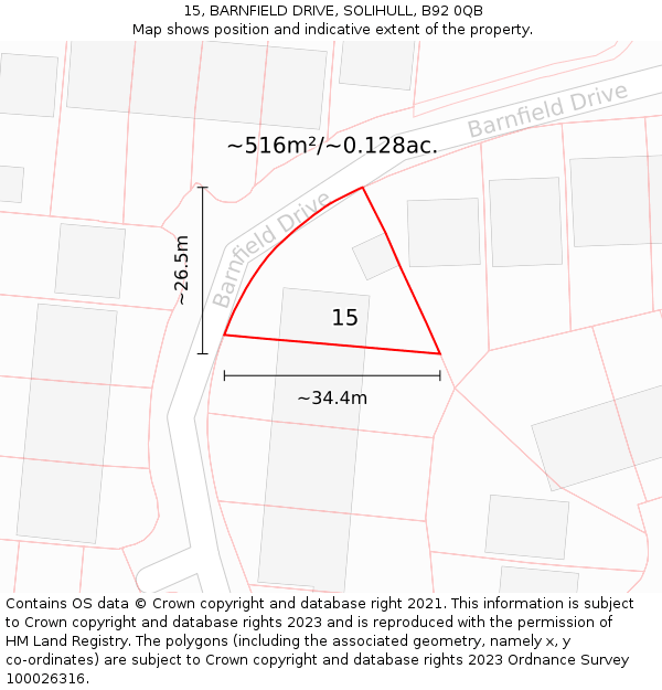 15, BARNFIELD DRIVE, SOLIHULL, B92 0QB: Plot and title map