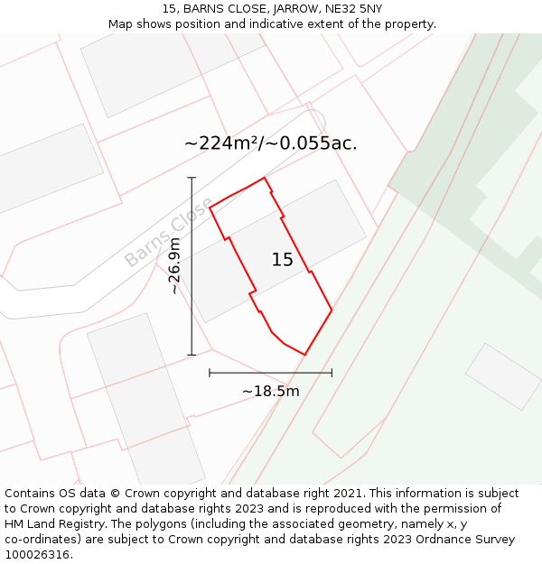 15, BARNS CLOSE, JARROW, NE32 5NY: Plot and title map