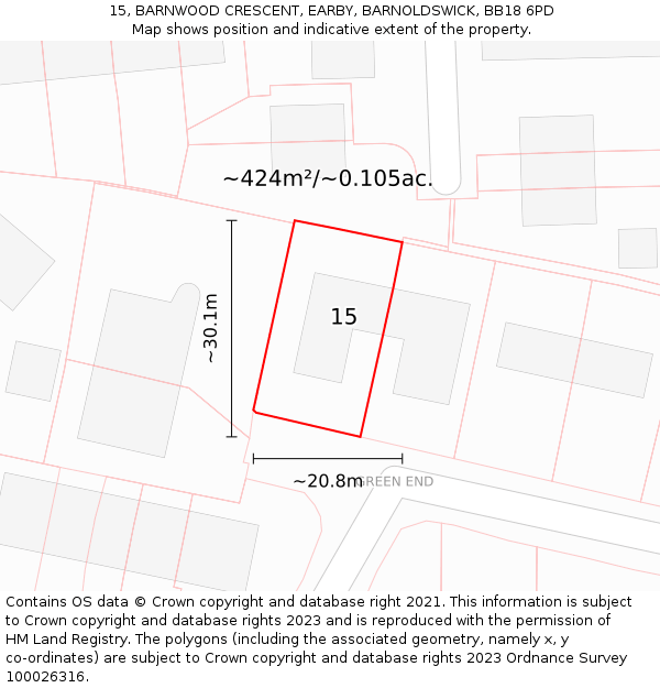 15, BARNWOOD CRESCENT, EARBY, BARNOLDSWICK, BB18 6PD: Plot and title map