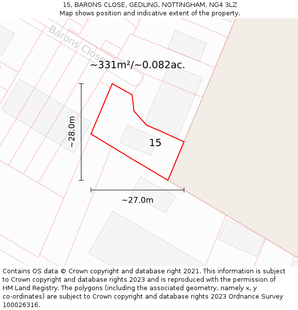 15, BARONS CLOSE, GEDLING, NOTTINGHAM, NG4 3LZ: Plot and title map