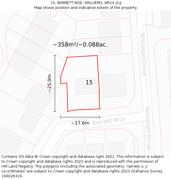 15, BARRETT RISE, MALVERN, WR14 2UJ: Plot and title map